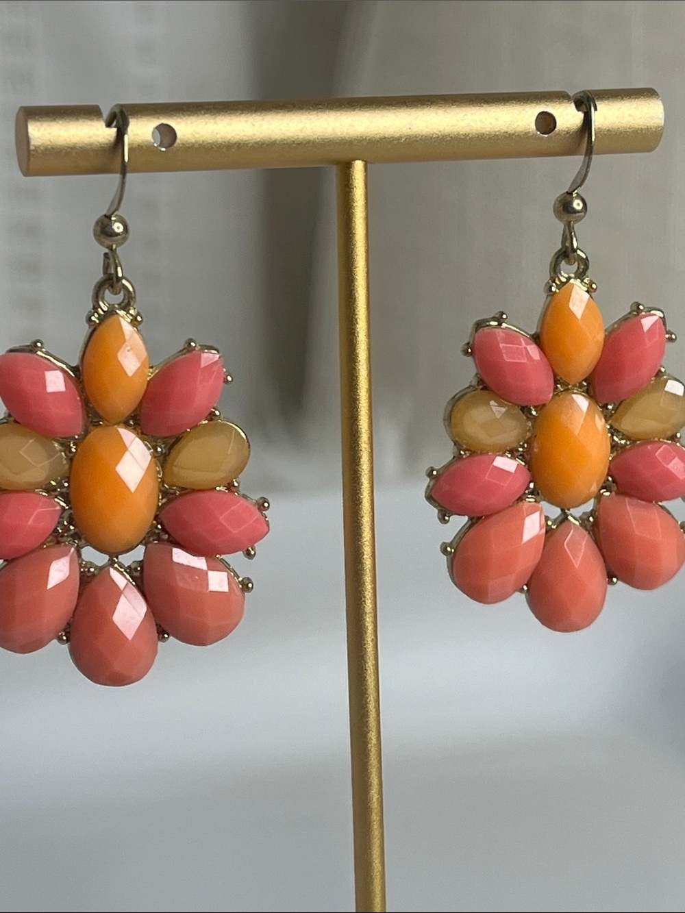Gold-Tone Floral Drop Earrings in Pink & Orange - Picture 5 of 5